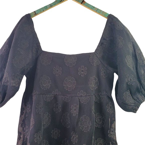 ASOS Embroidered Black Flower Mesh Lined Babydoll Short Puff Sleeve Dress, Sz 4 - Picture 4 of 9